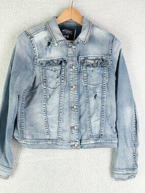 Silver Jean Jacket Girls Medium Blue Denim Medium Wash Distressed Stretch